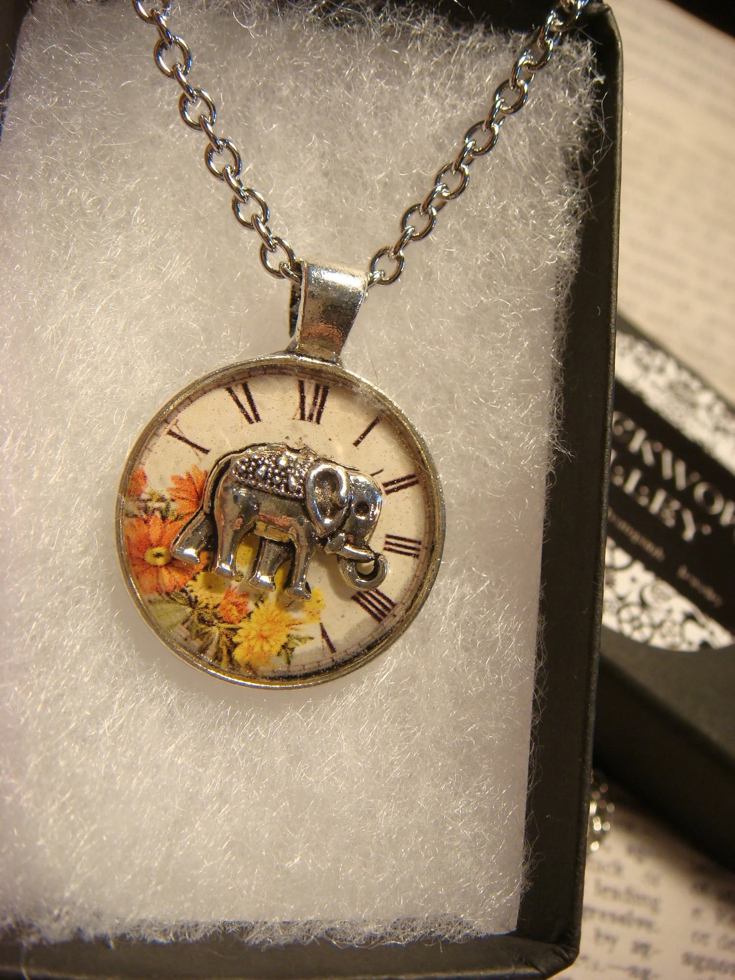 Elephant over Floral Clock Small Pendant Necklace