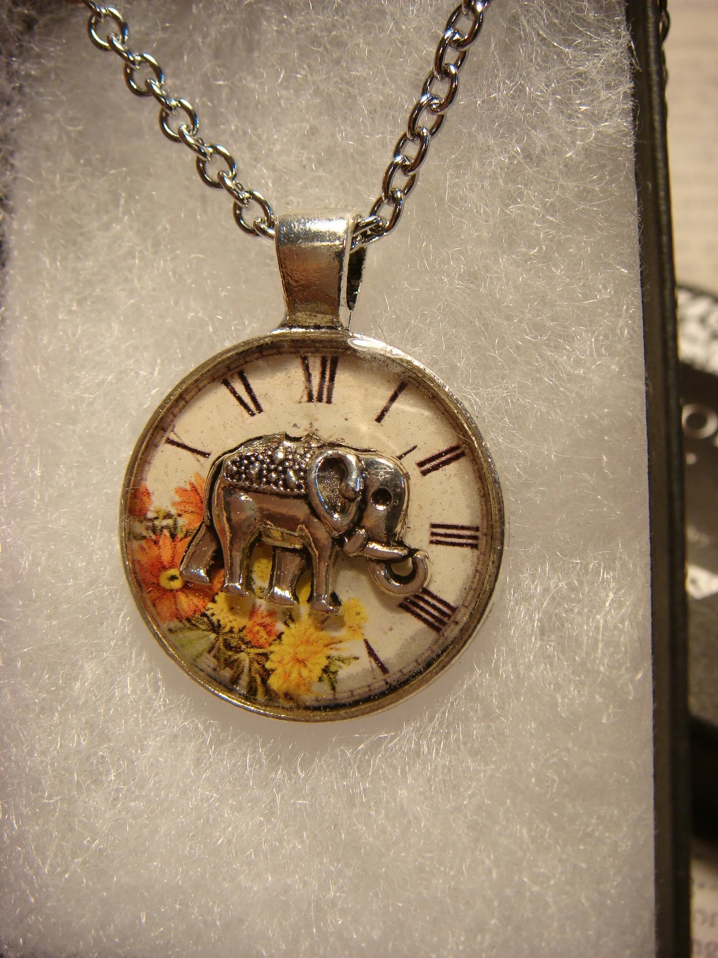 Elephant over Floral Clock Small Pendant Necklace