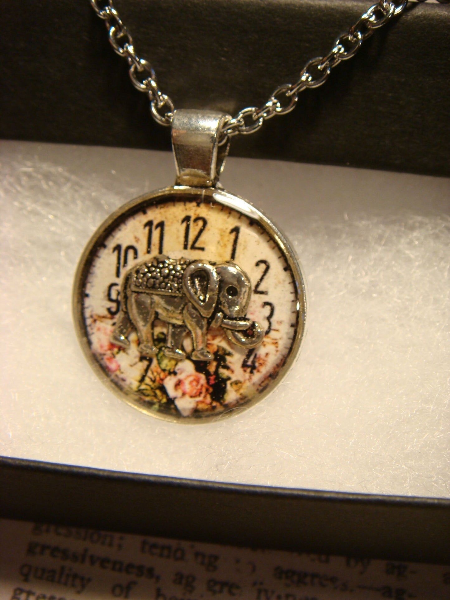 Elephant over Floral Clock Small Pendant Necklace