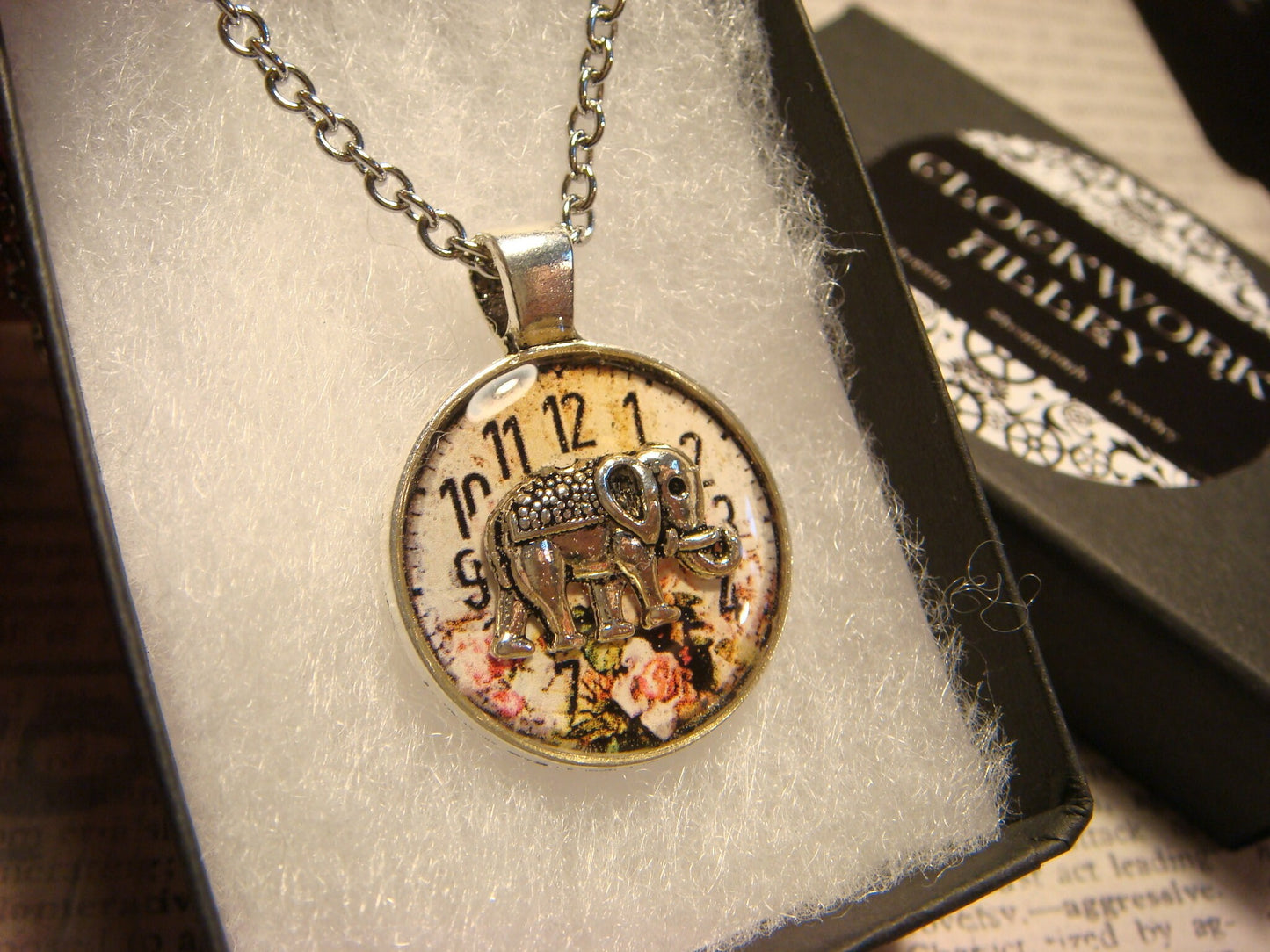 Elephant over Floral Clock Small Pendant Necklace