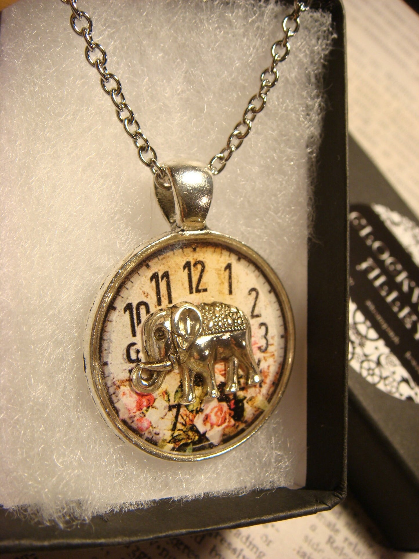 Elephant over Floral Clock Pendant Necklace