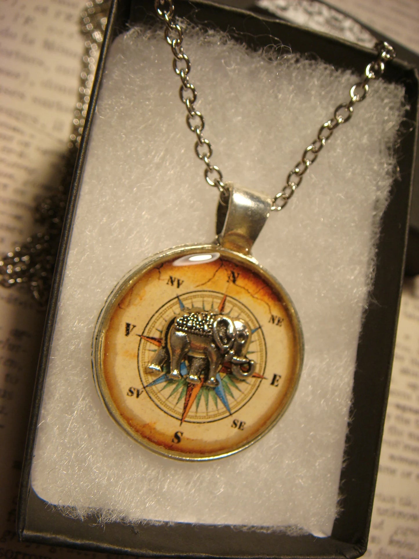 Elephant over Compass Rose Pendant Necklace
