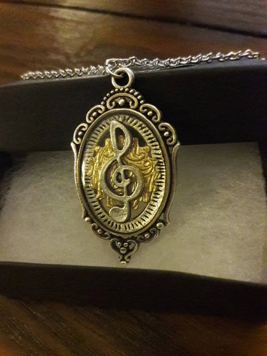Treble Clef with Etched Gear in See-thru Ornate Necklace