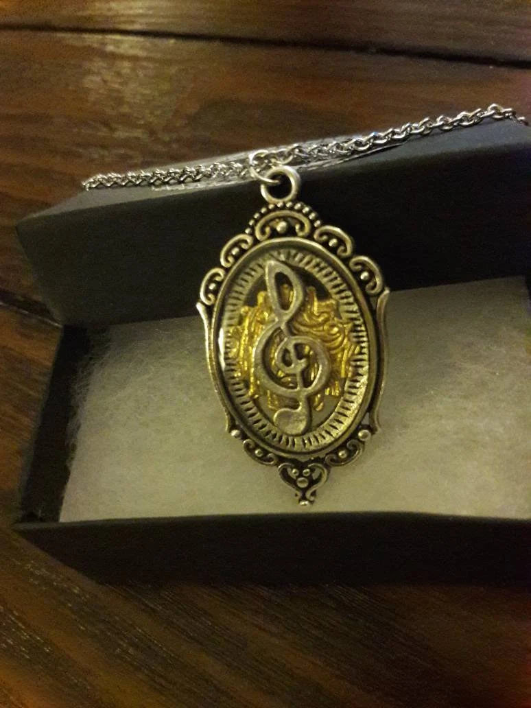 Treble Clef with Etched Gear in See-thru Ornate Necklace