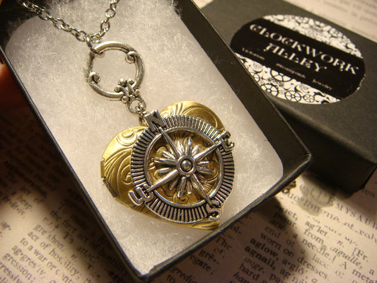 Compass Rose Heart Locket Necklace in Antique Silver and Bronze