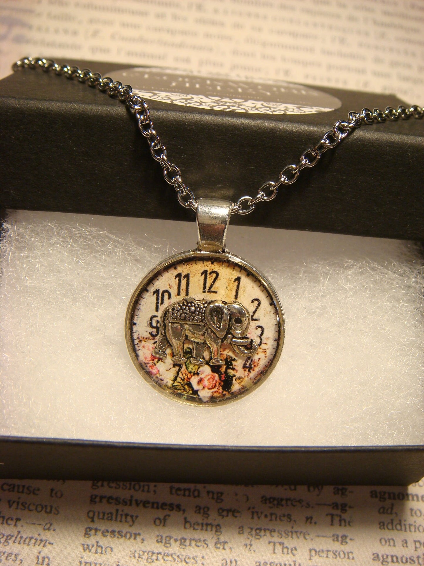 Elephant over Floral Clock Small Pendant Necklace