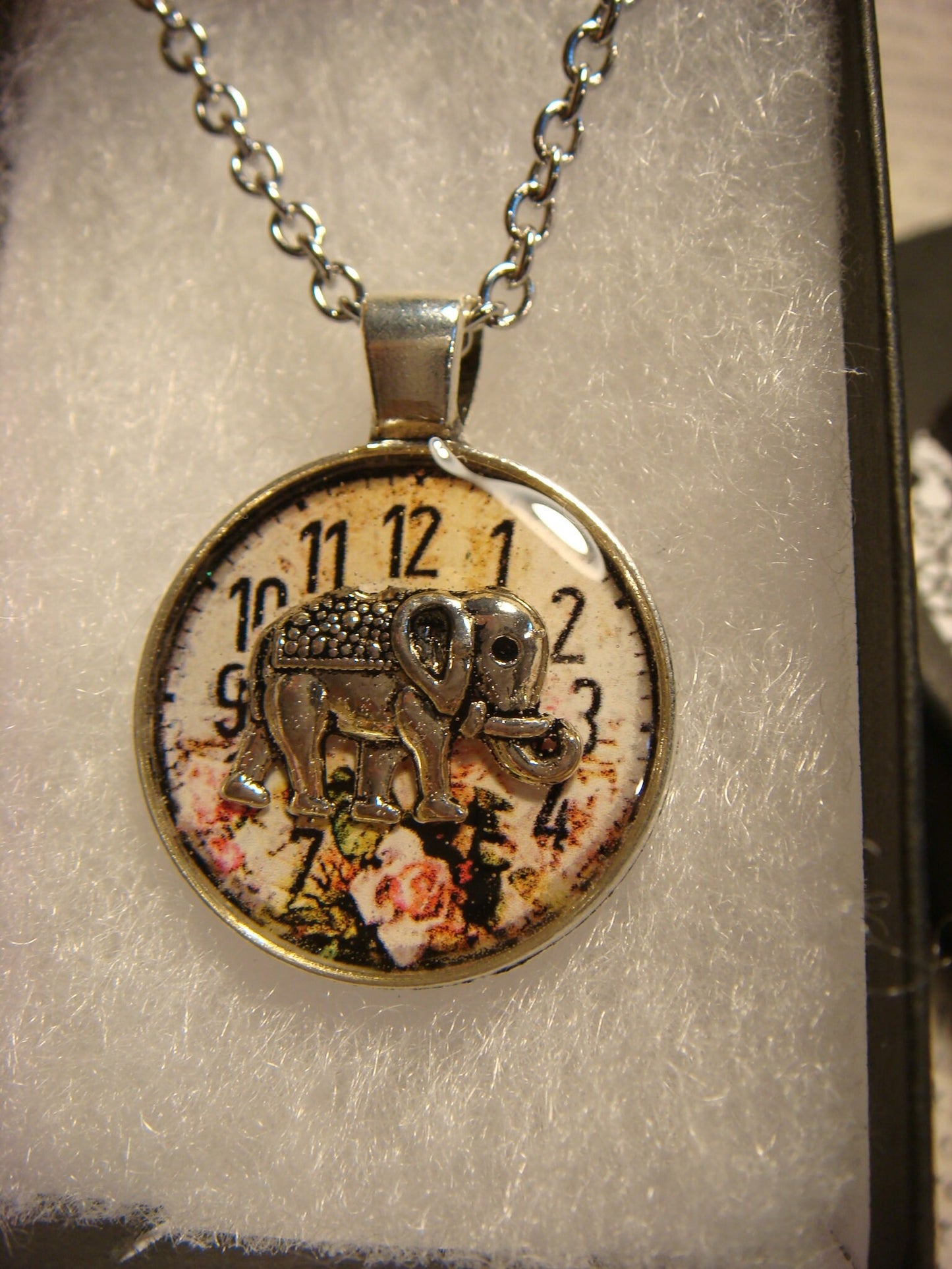 Elephant over Floral Clock Small Pendant Necklace