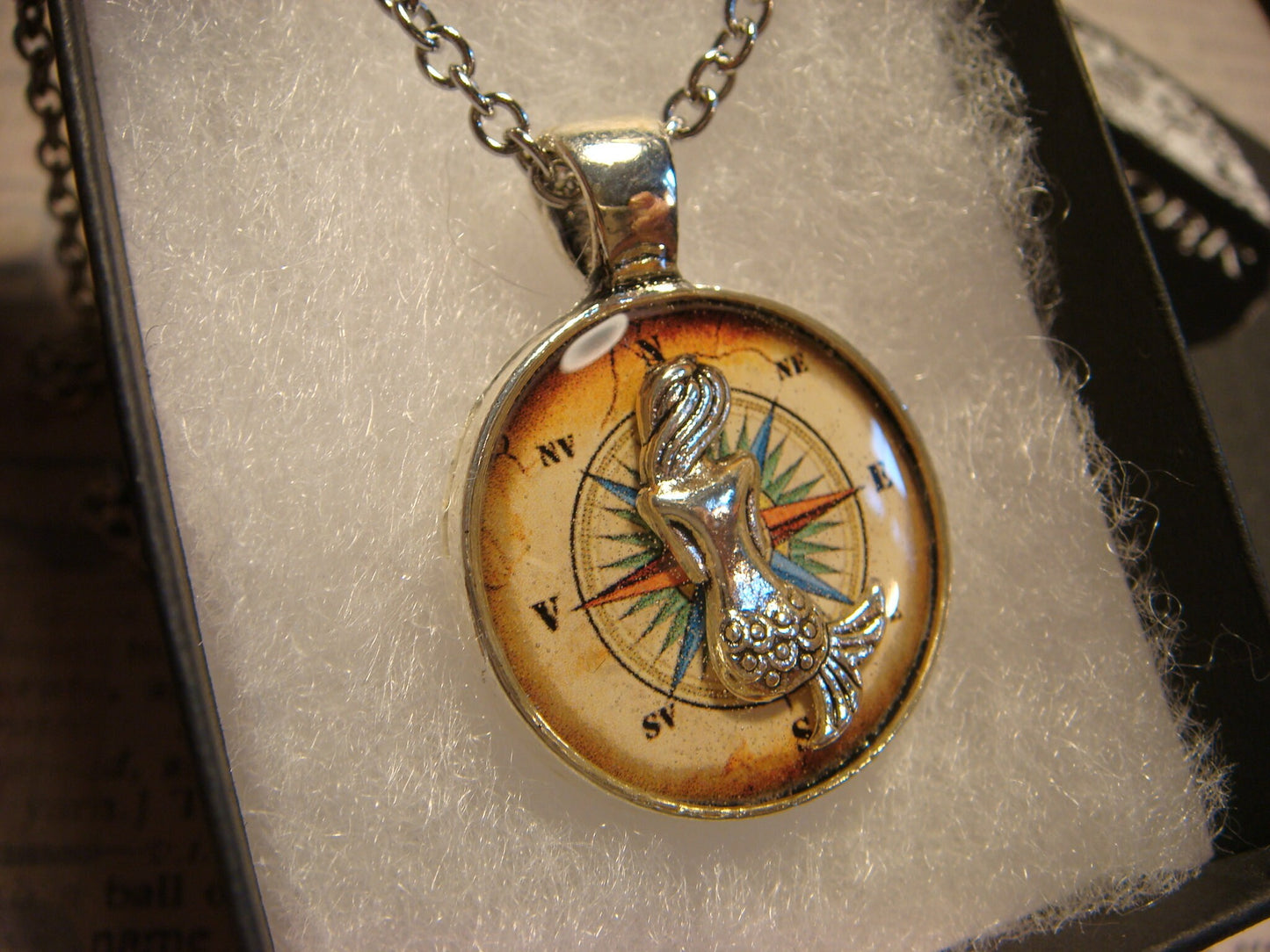 Mermaid over Compass Rose Small Pendant Necklace