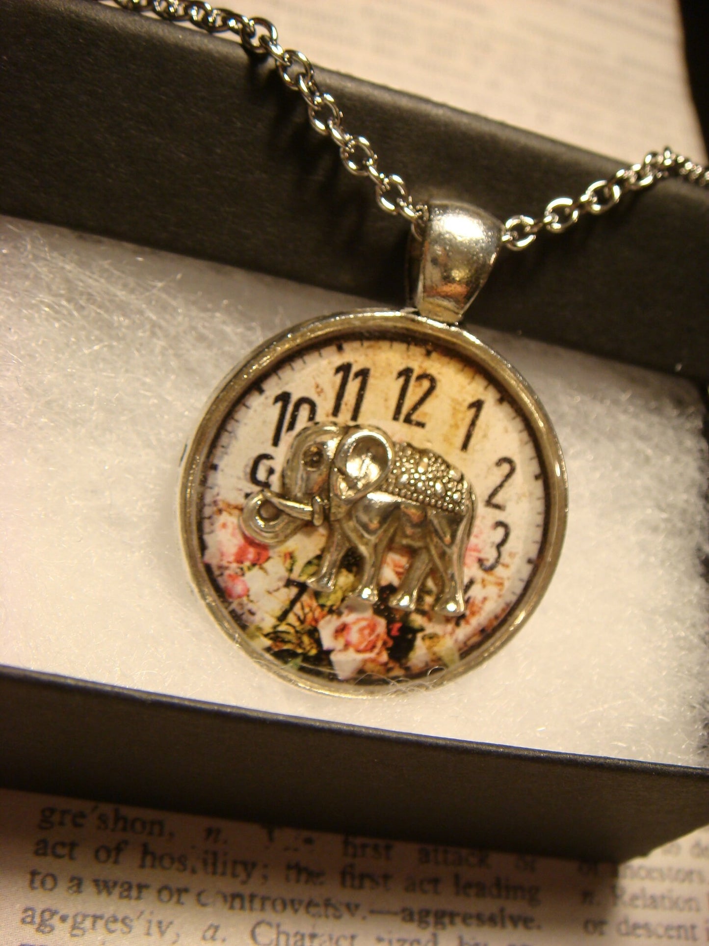 Elephant over Floral Clock Pendant Necklace