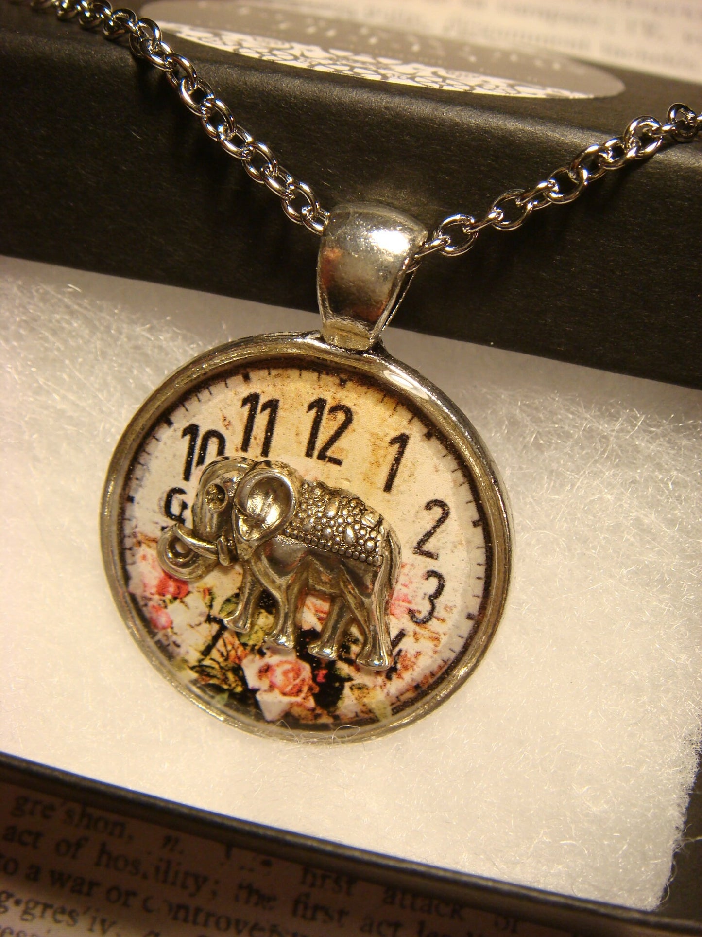 Elephant over Floral Clock Pendant Necklace