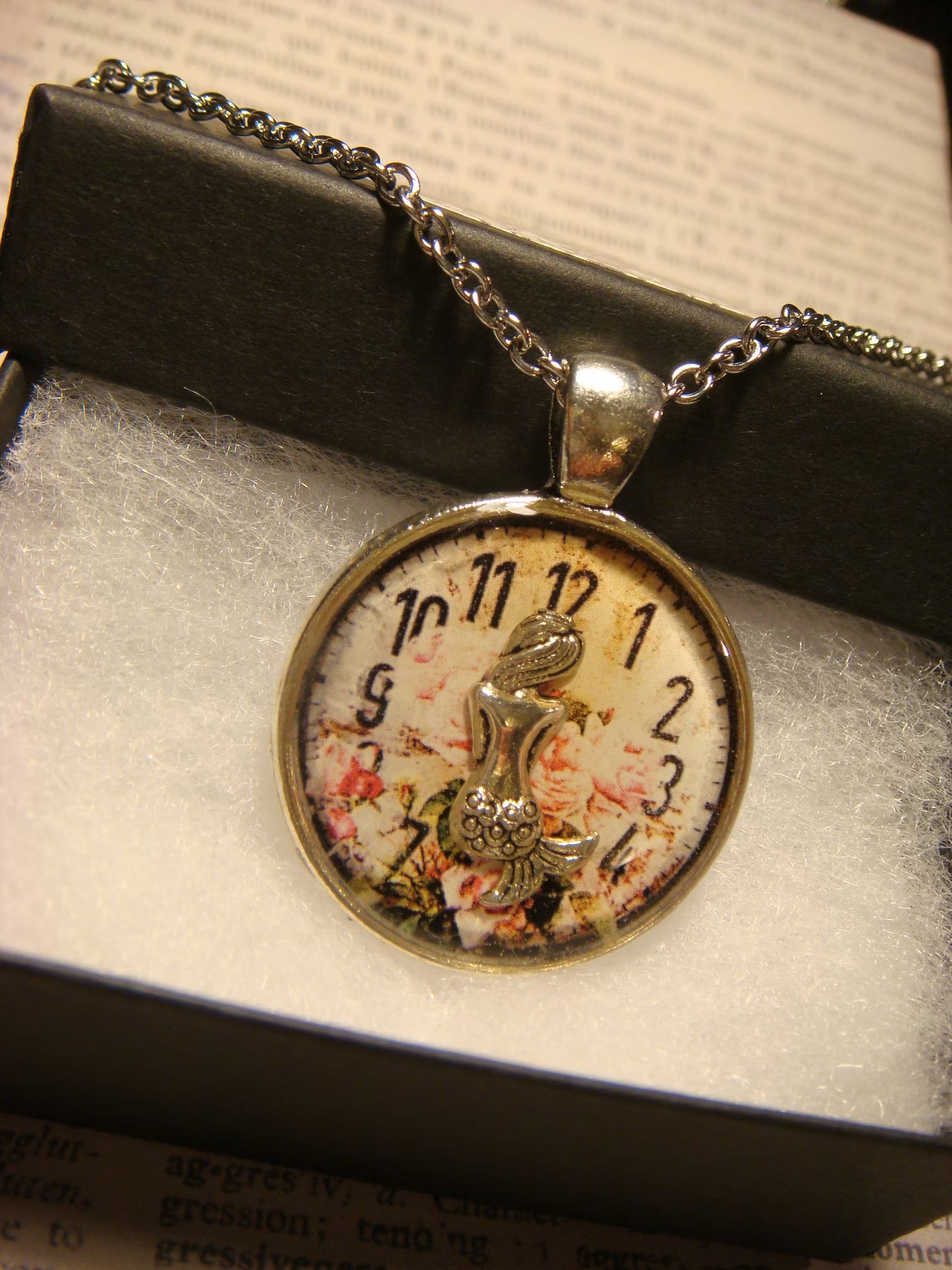 Mermaid over Floral Clock Pendant Necklace