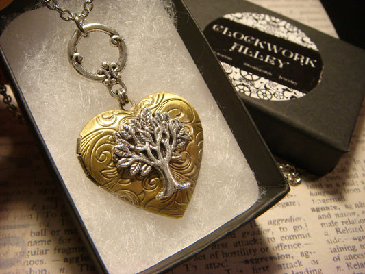 Tree of Life Heart Locket Necklace in Antique Silver and Bronze