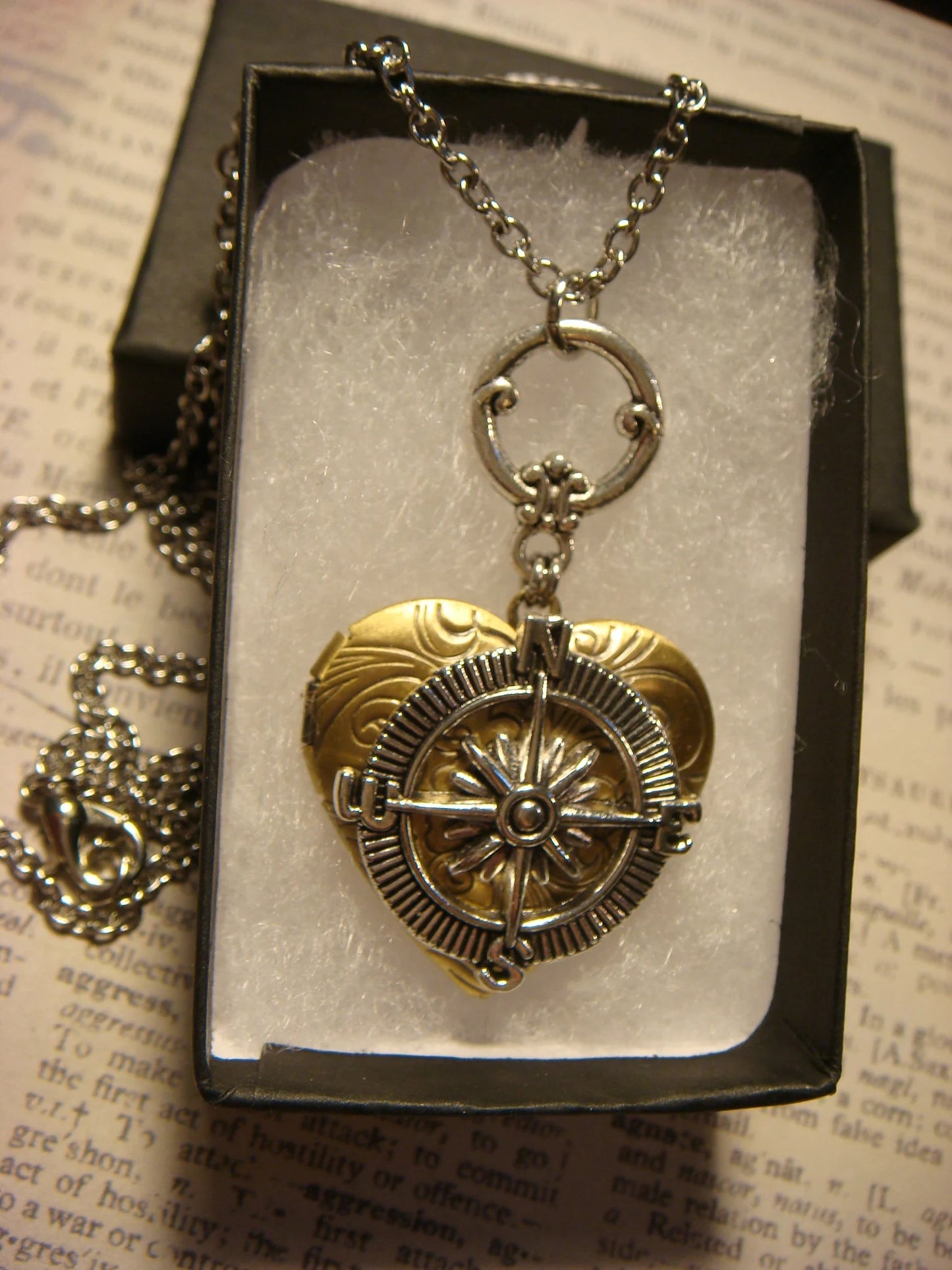 Compass Rose Heart Locket Necklace in Antique Silver and Bronze