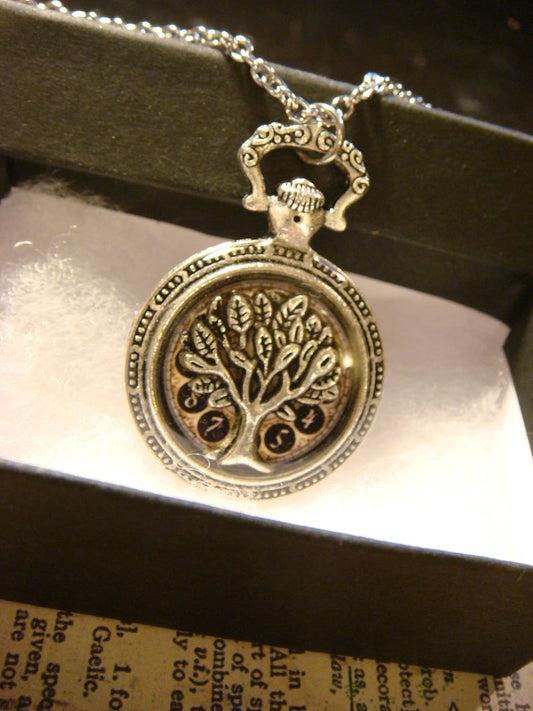 Tree of Life over Clock Pocket Watch Pendant Necklace