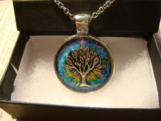 Tree of Life over Colorful Clock Pendant Necklace
