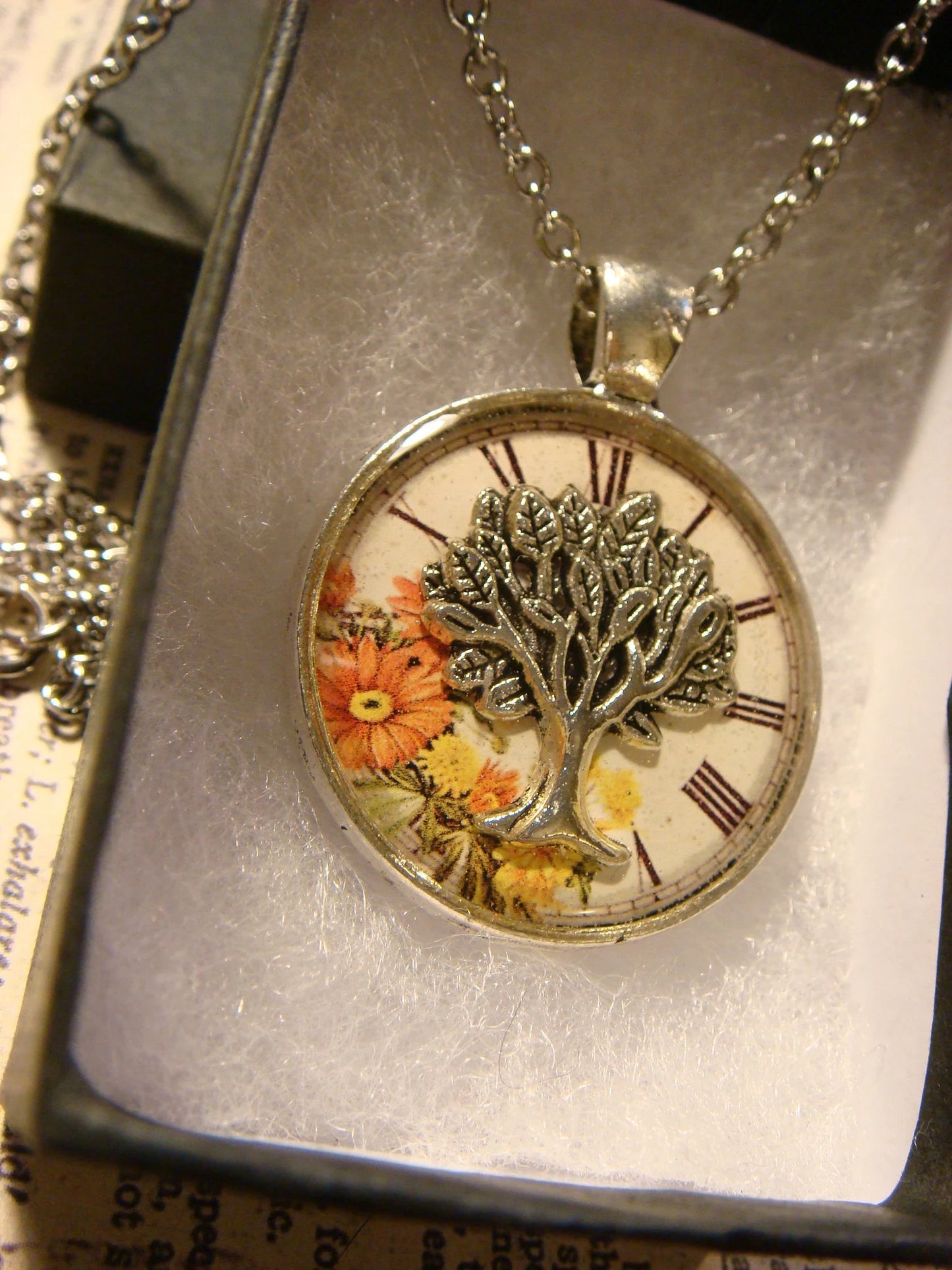 Tree of Life over Floral Clock Pendant Necklace