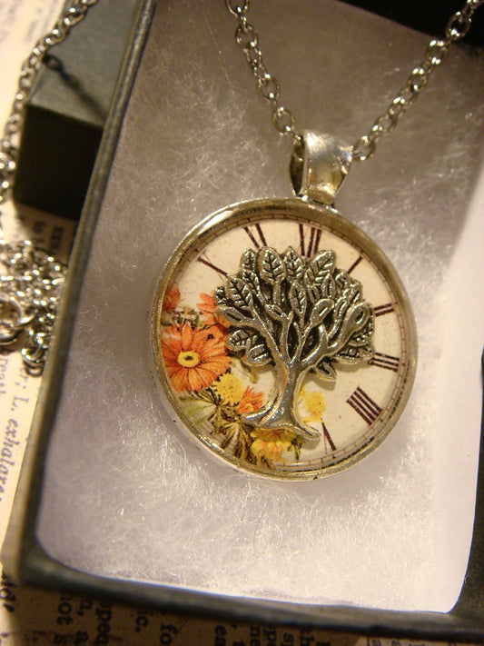 Tree of Life over Floral Clock Pendant Necklace