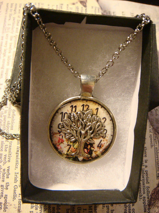 Tree of Life over Clock Pendant Necklace