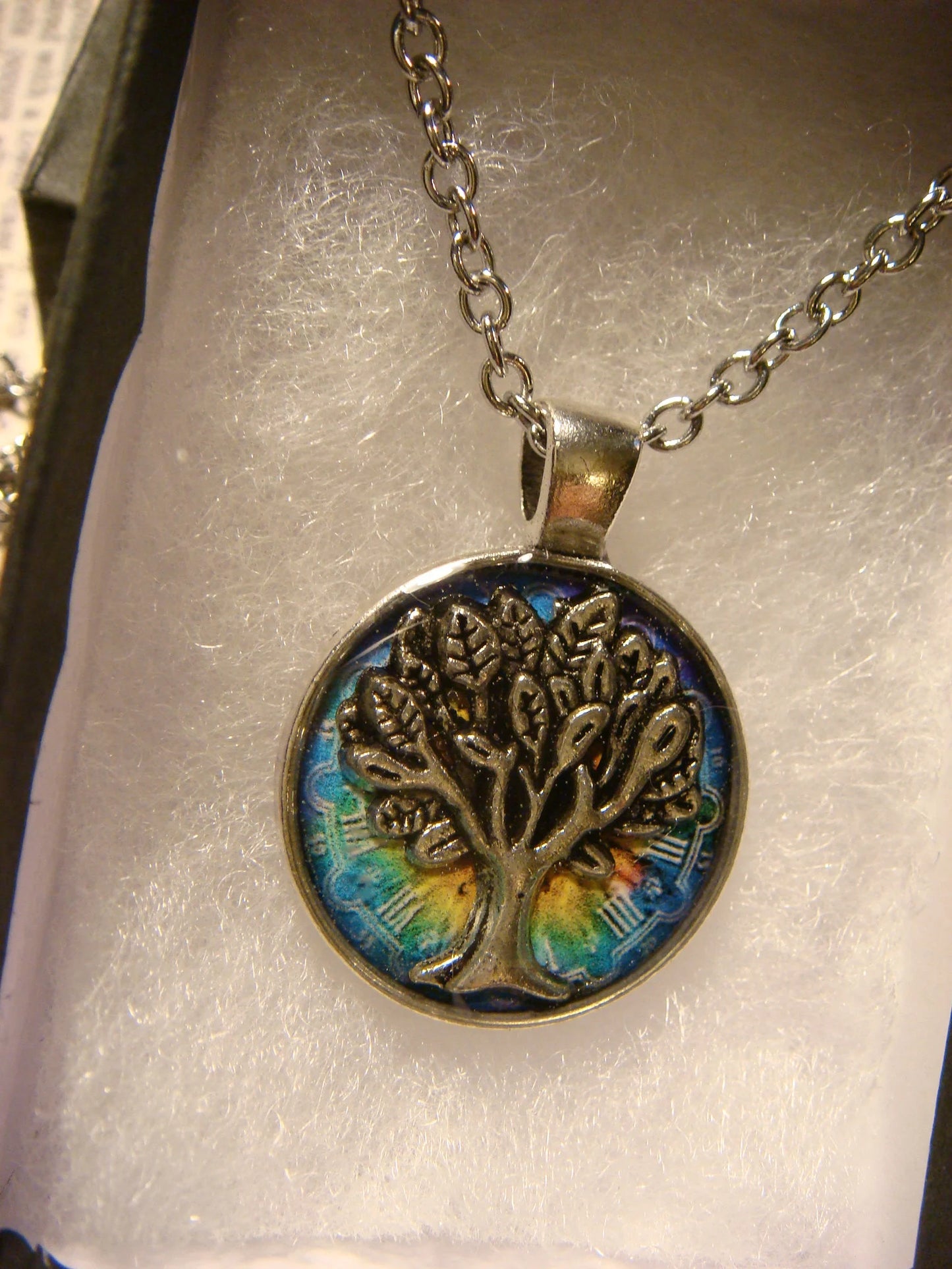 Tree of Life over Colorful Clock Small Pendant Necklace