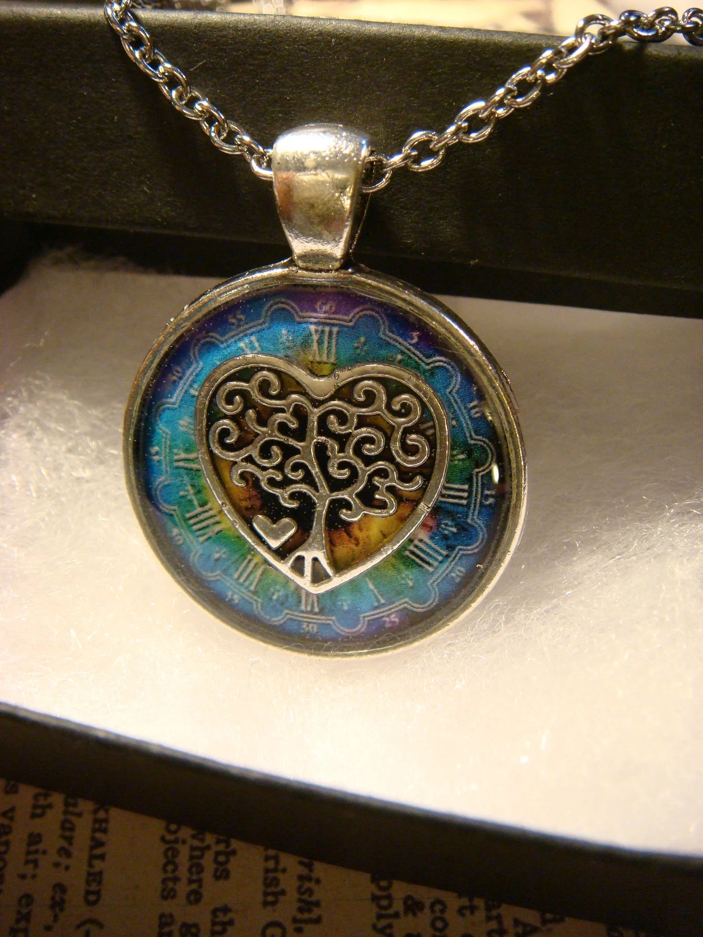 Tree Heart over Colorful Clock Pendant Necklace