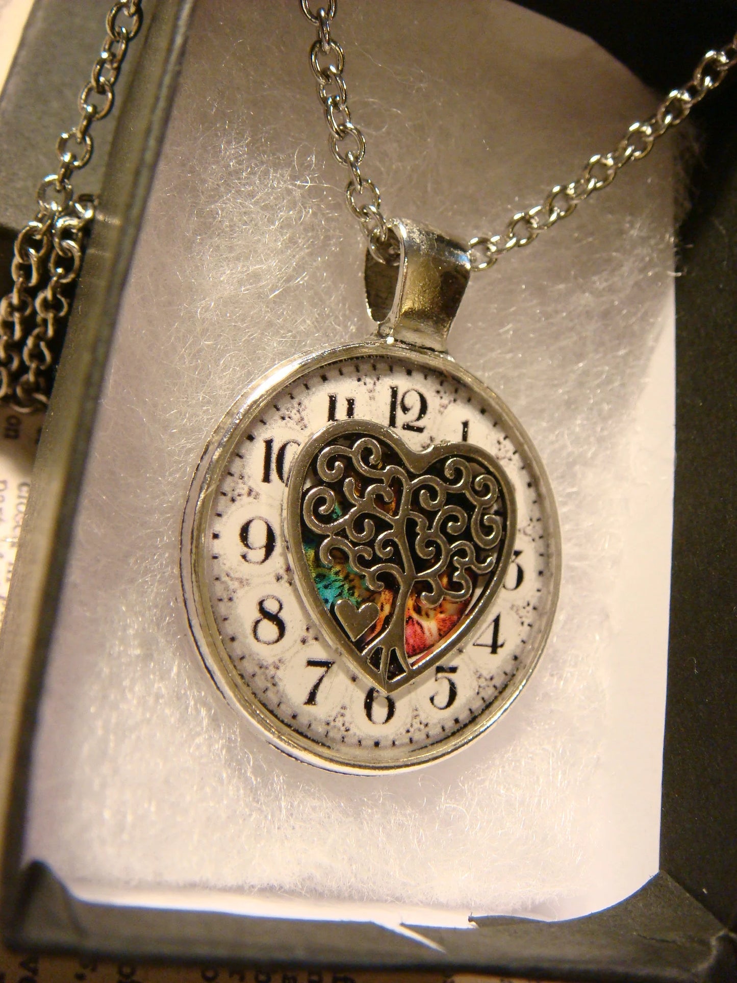 Tree Heart over Clock Pendant Necklace