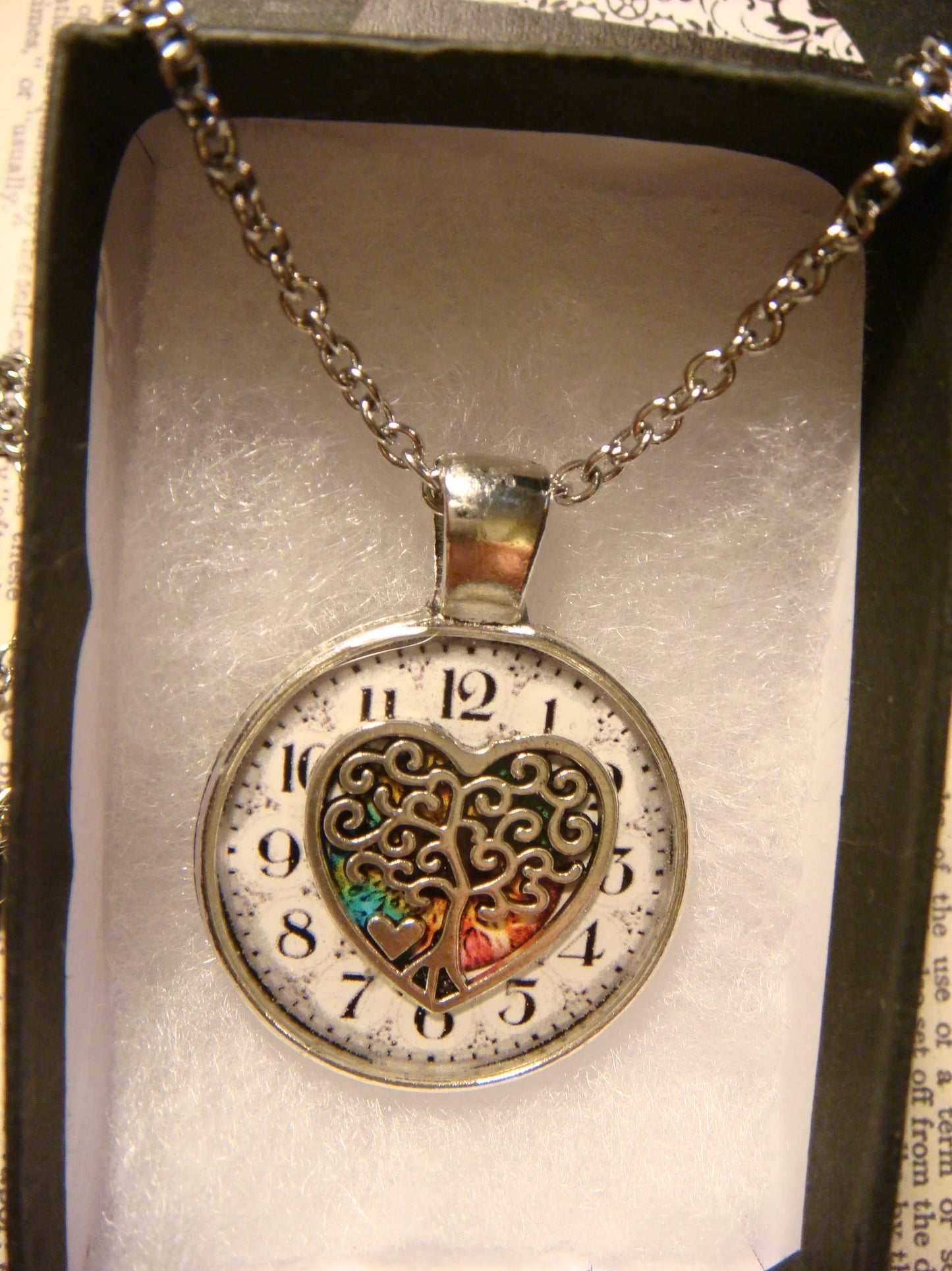 Tree Heart over Clock Pendant Necklace