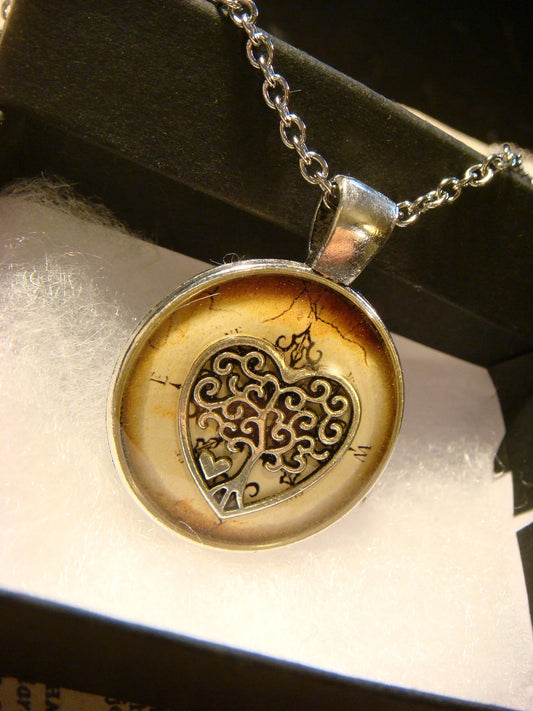 Tree Heart over Compass Pendant Necklace