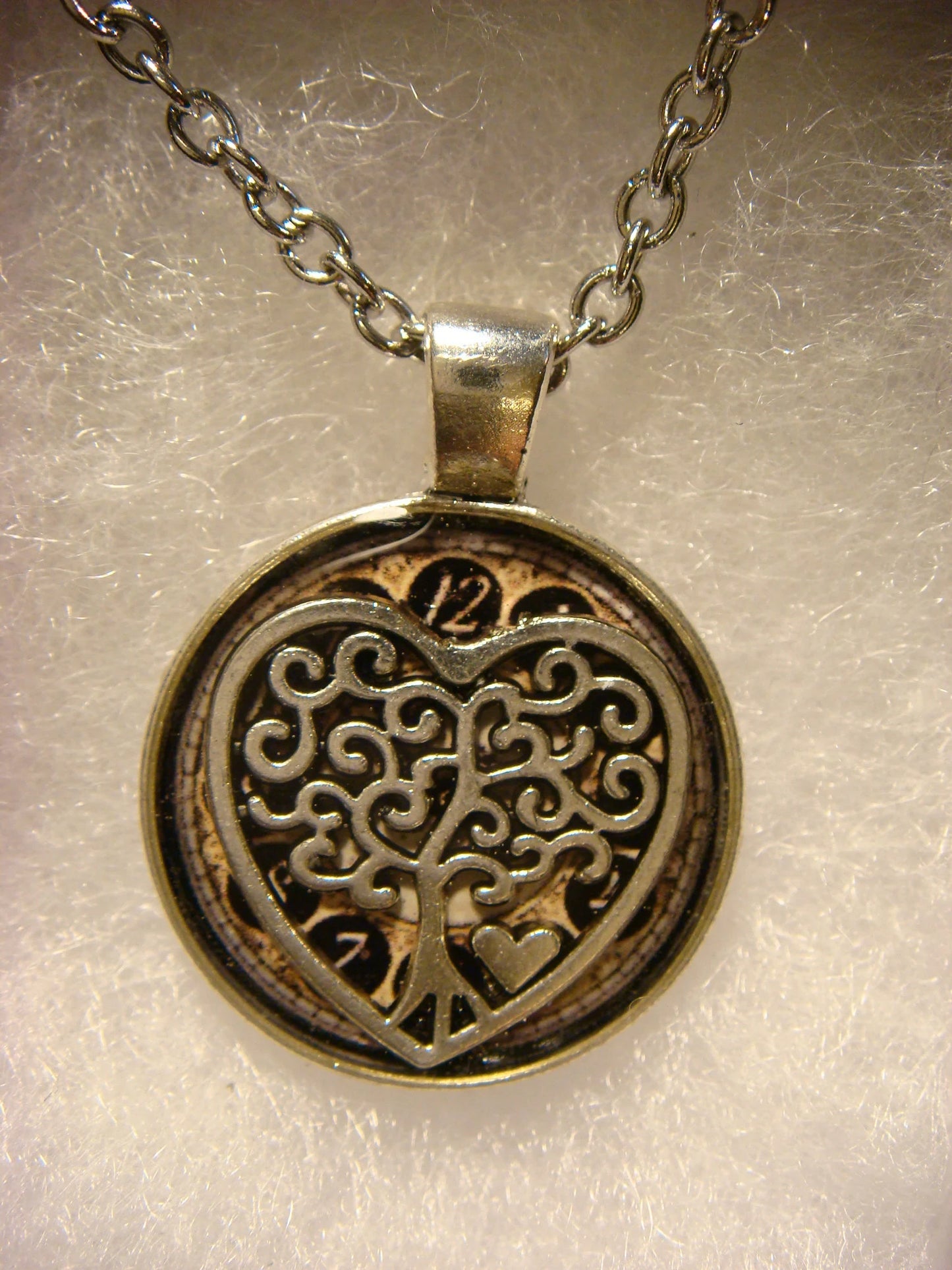 Tree Heart over Clock Small Pendant Necklace