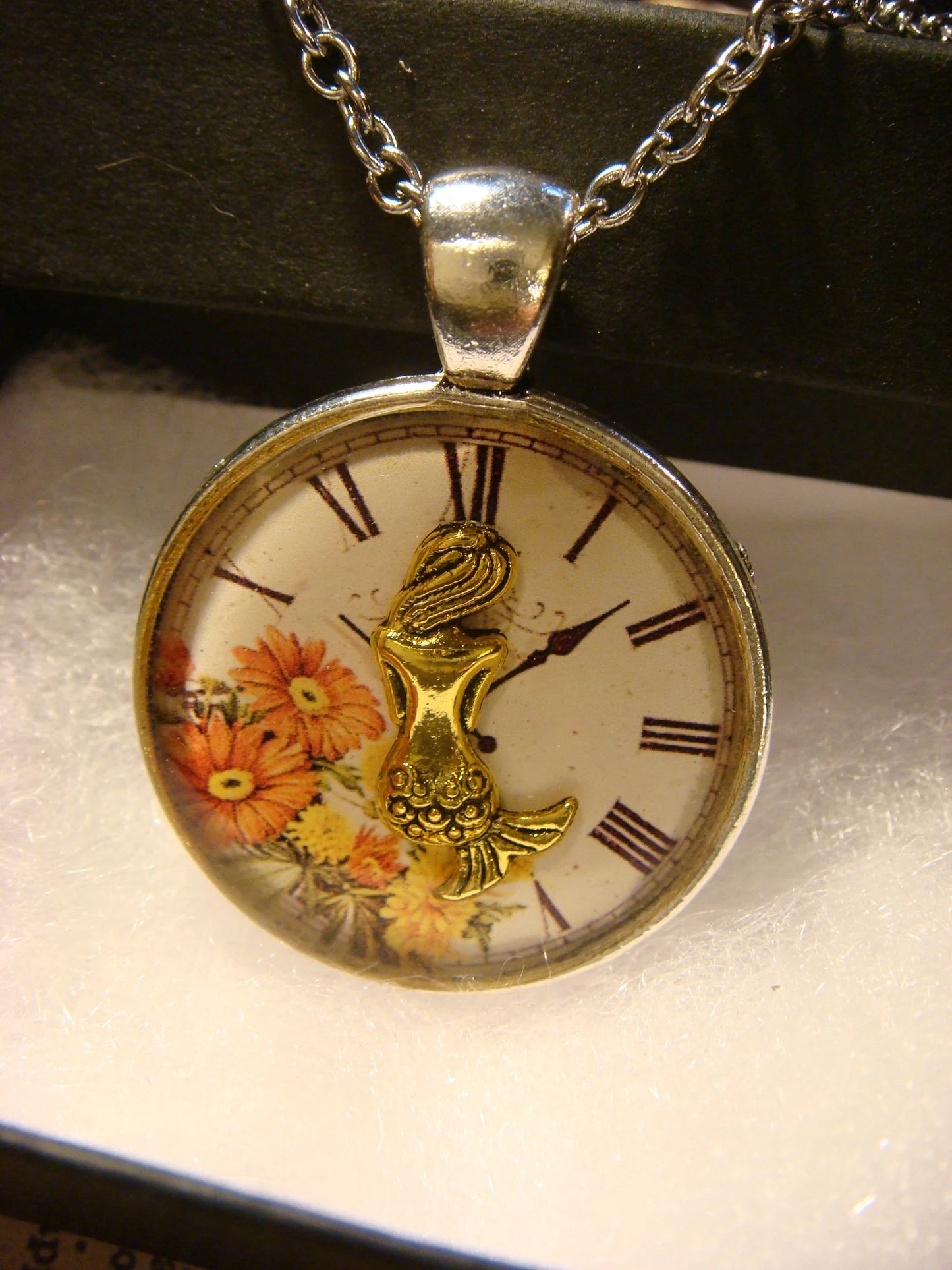 Mermaid over Floral Clock Pendant Necklace