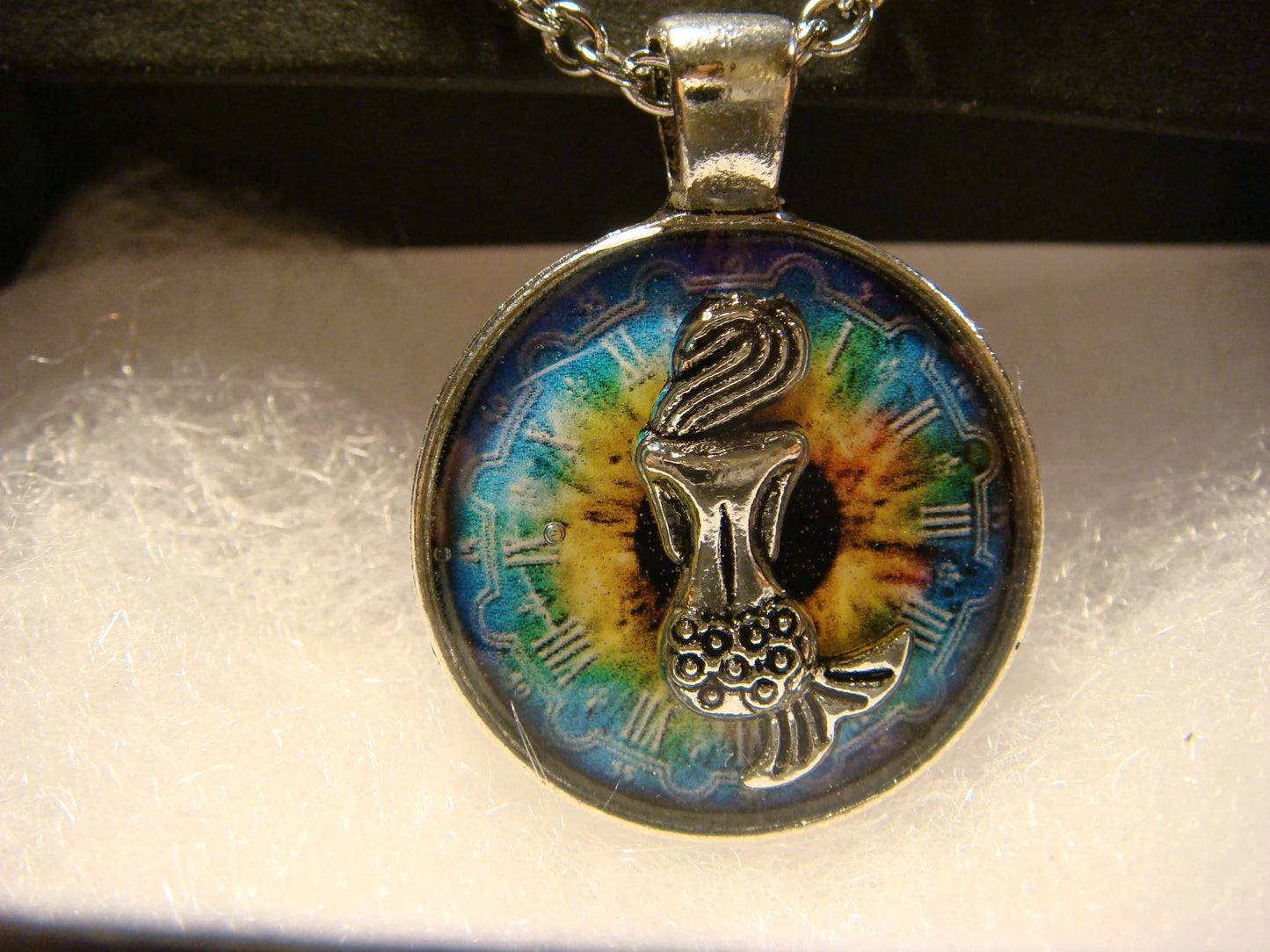 Mermaid over Colorful Clock Small Pendant Necklace