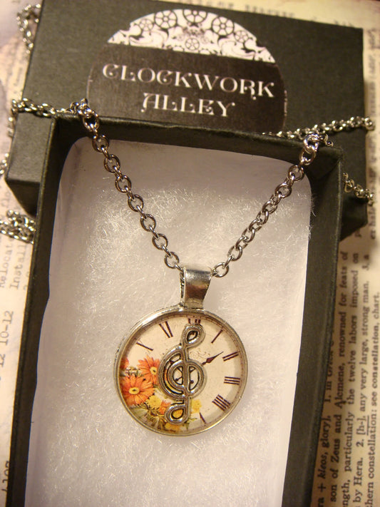 Treble Clef over Floral Clock Small Pendant Necklace