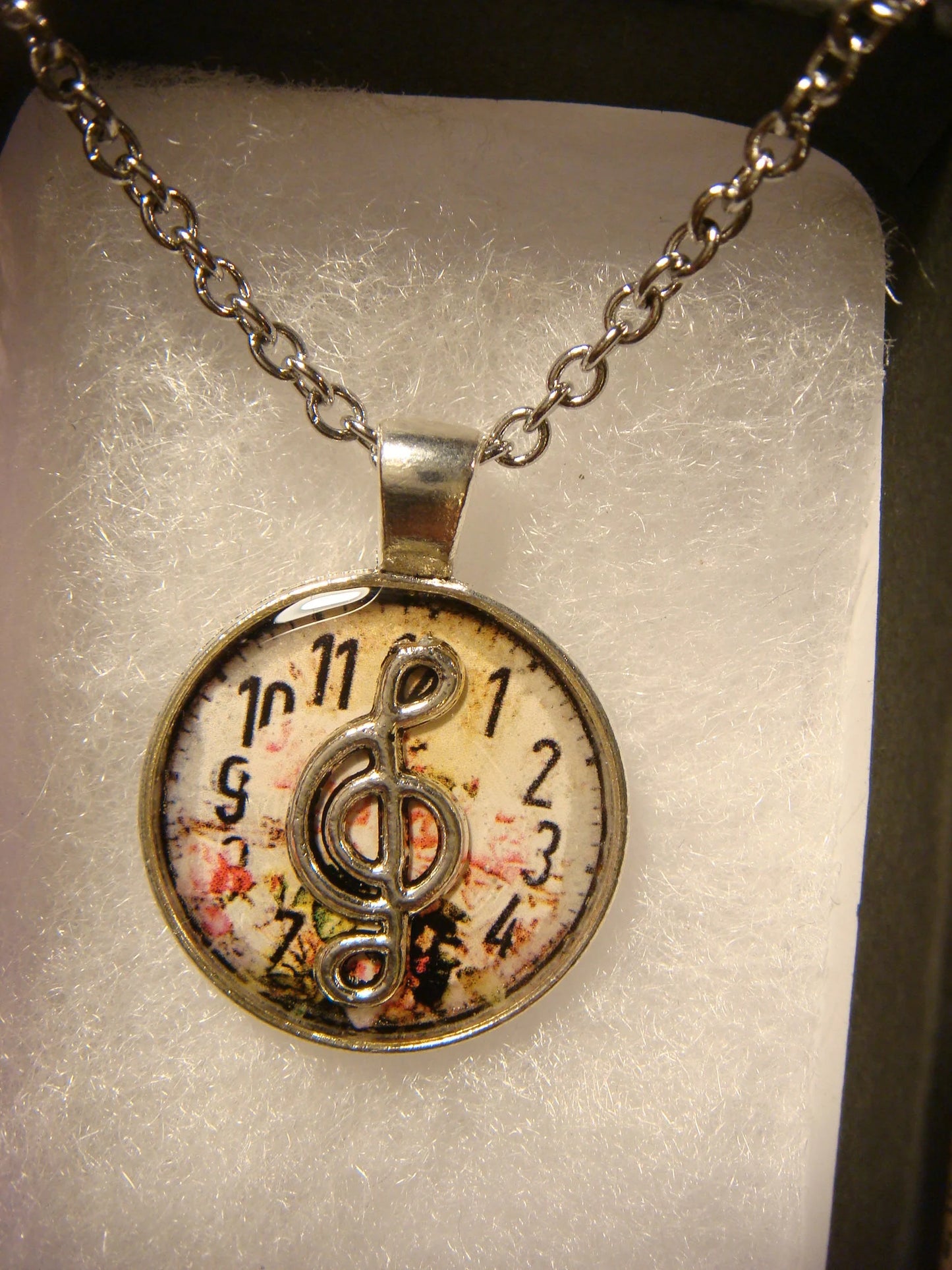 Treble Clef over Floral Clock Small Pendant Necklace