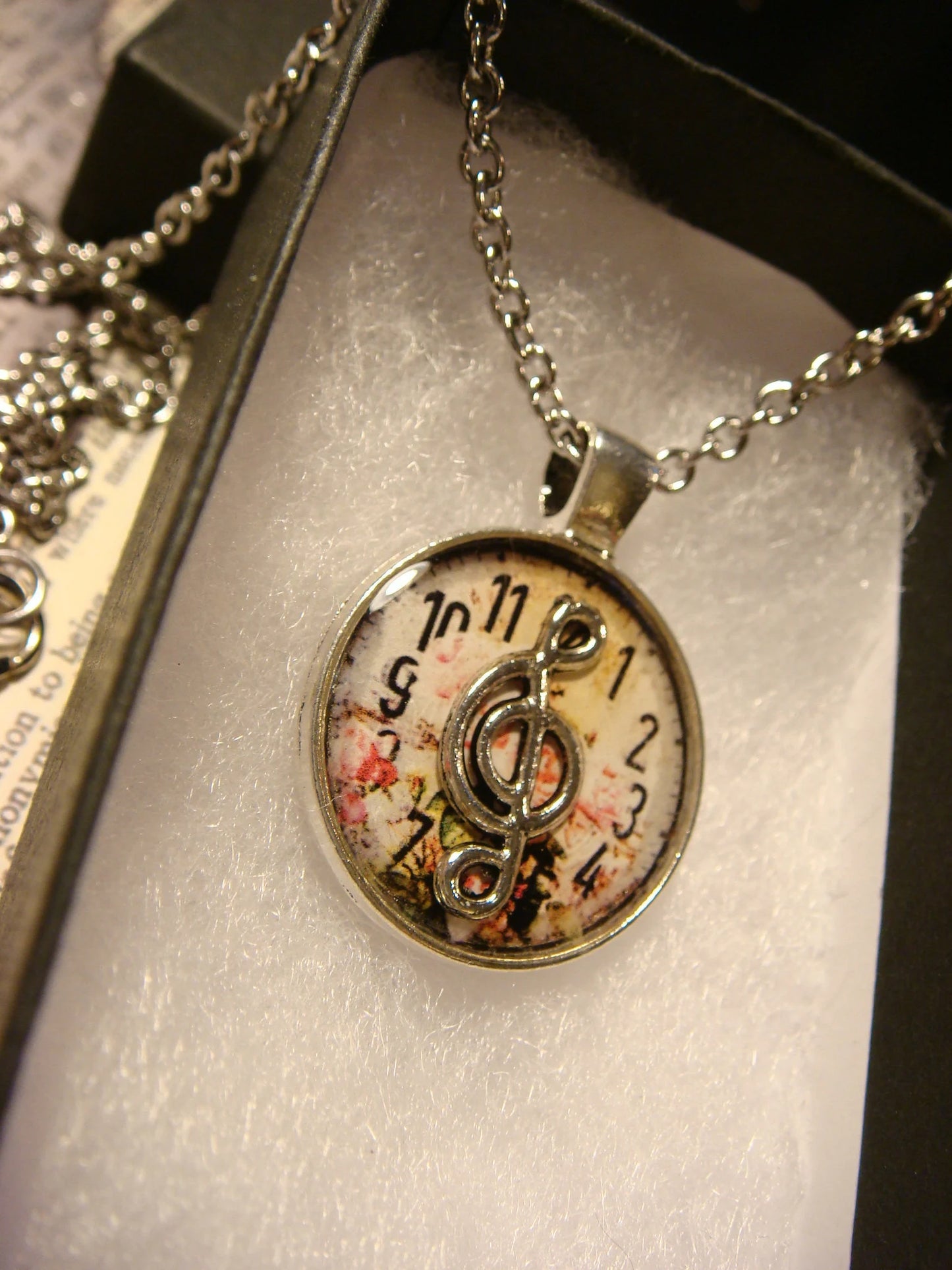 Treble Clef over Floral Clock Small Pendant Necklace