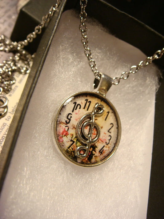 Treble Clef over Floral Clock Small Pendant Necklace