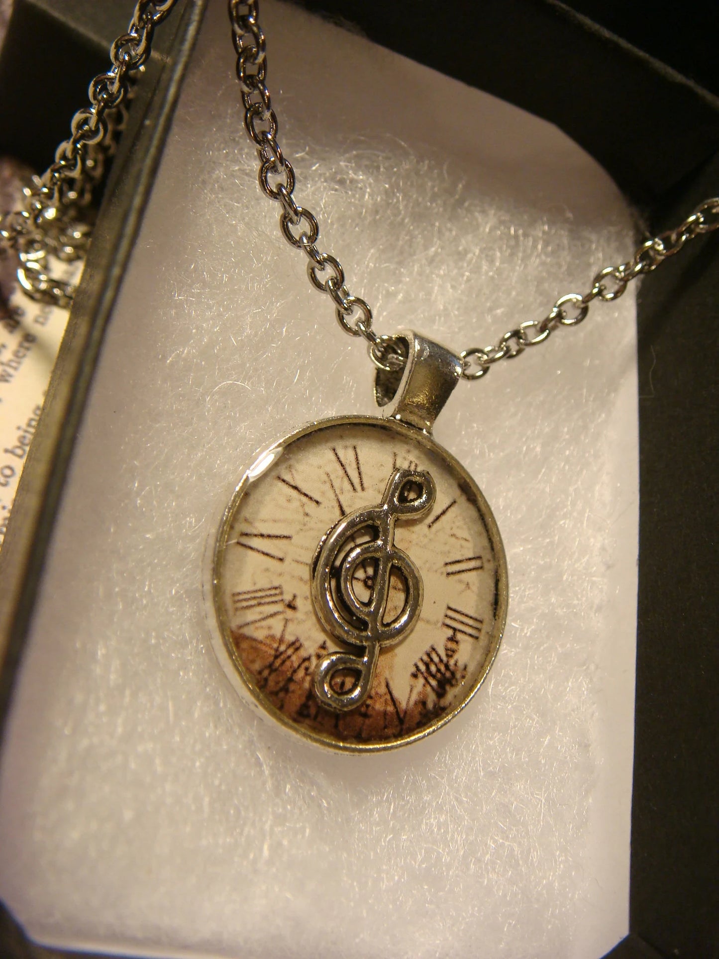 Treble Clef over Victorian Clock Small Pendant Necklace