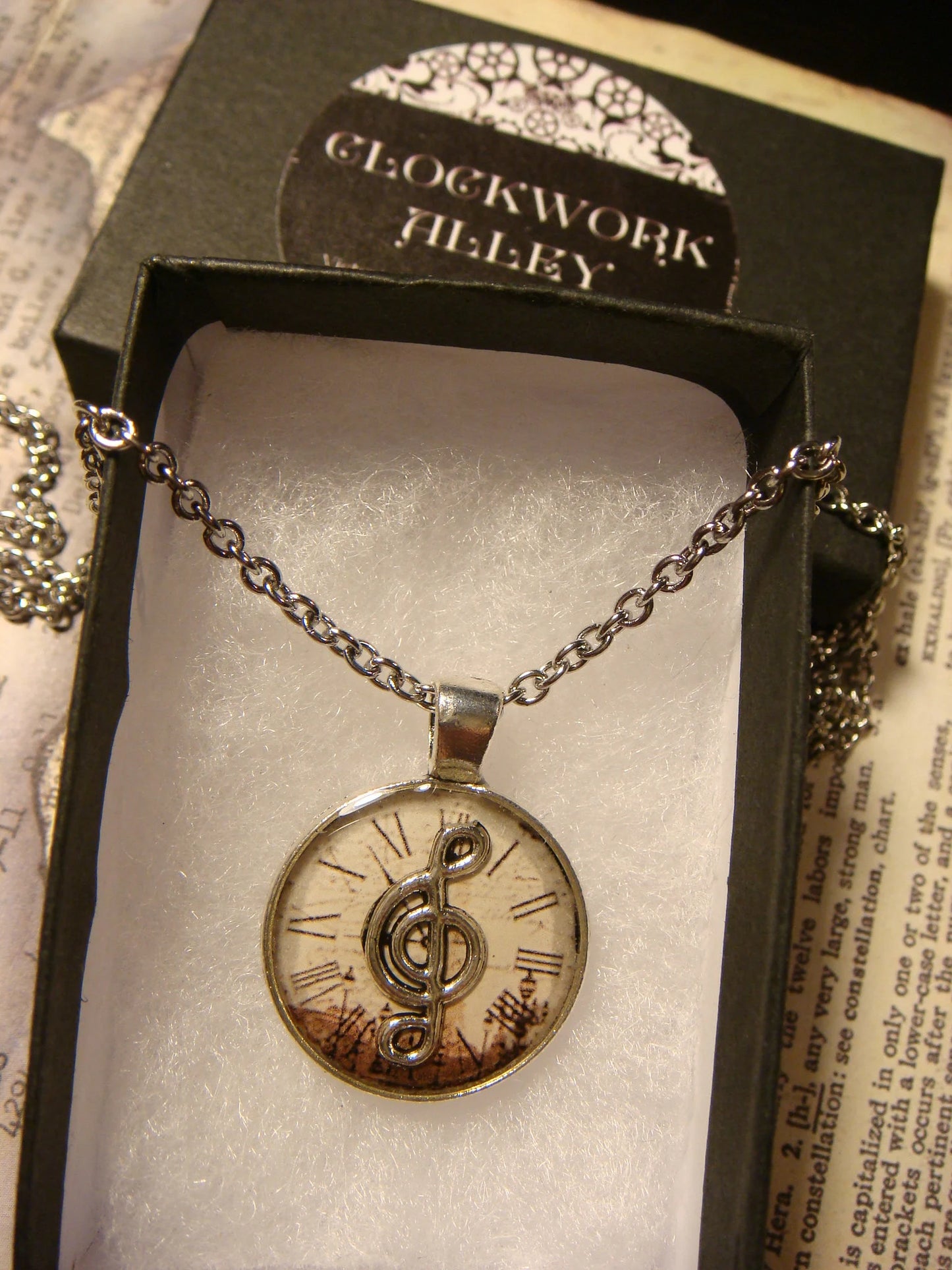 Treble Clef over Victorian Clock Small Pendant Necklace
