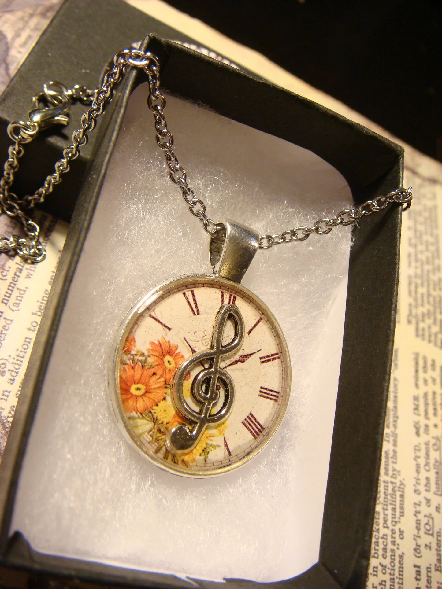 Treble Clef over Floral Clock Pendant Necklace
