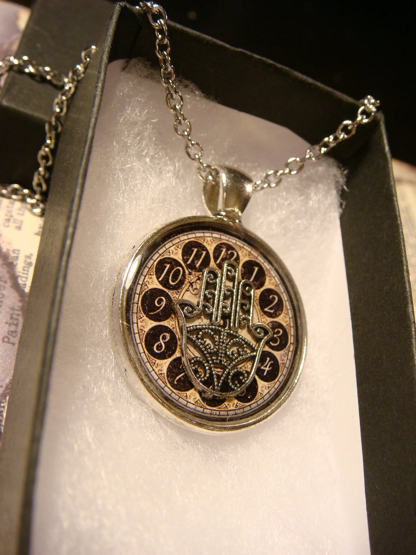 Hamsa over Clock Pendant Necklace