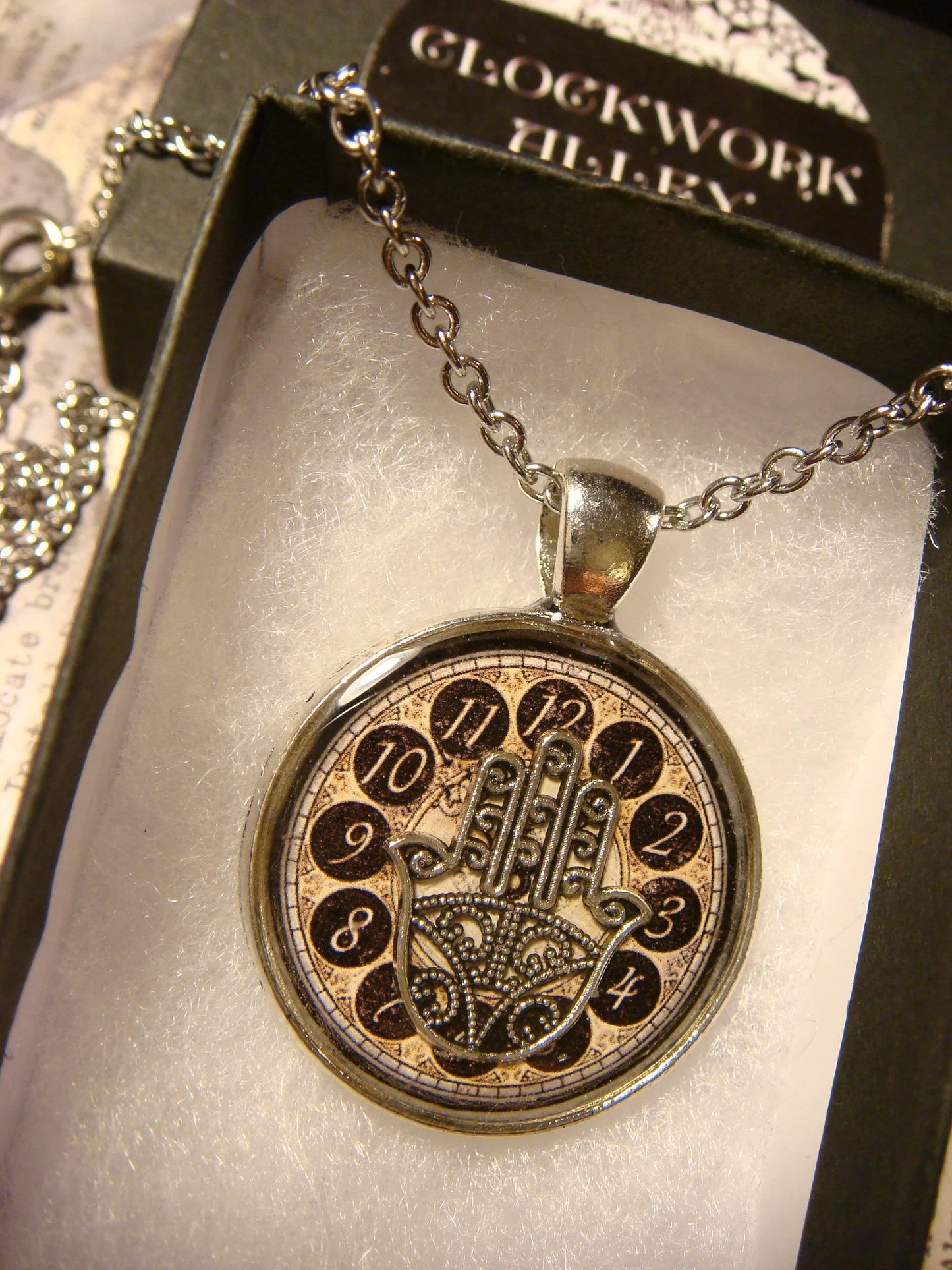 Hamsa over Clock Pendant Necklace