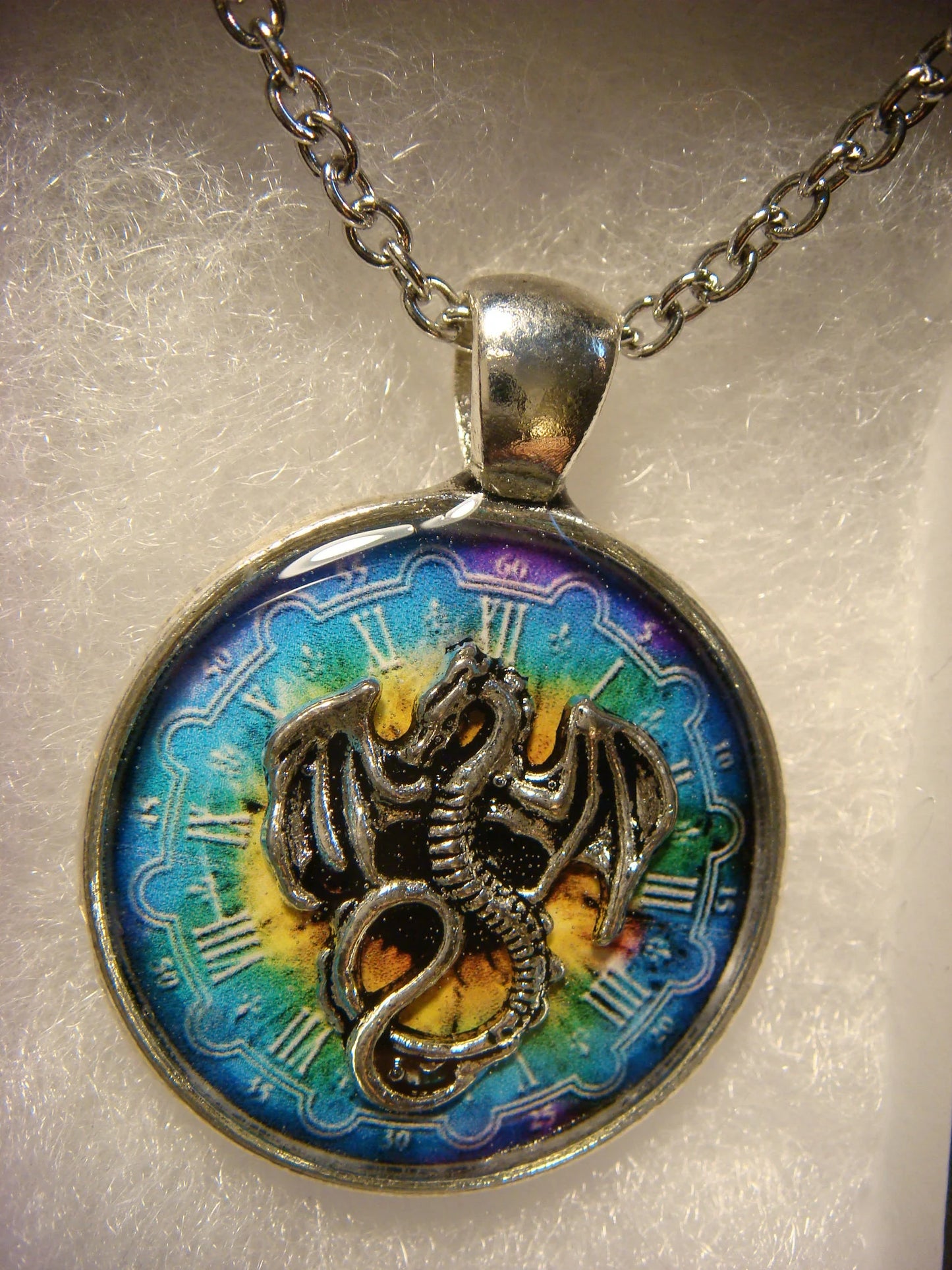 Dragon over Colorful Clock Pendant Necklace