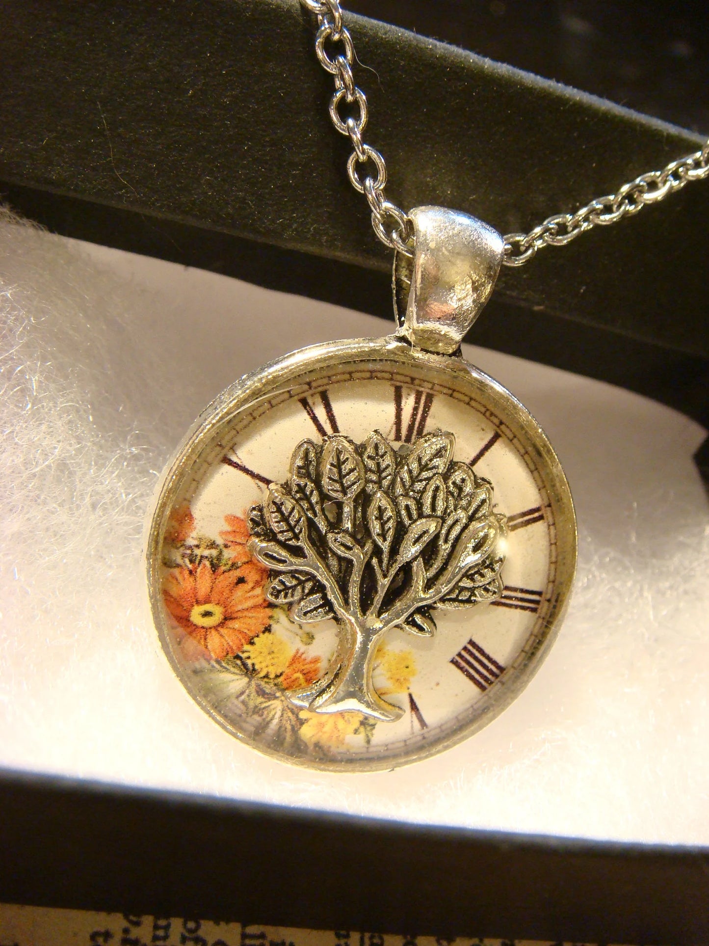 Tree of Life over Floral Clock Pendant Necklace