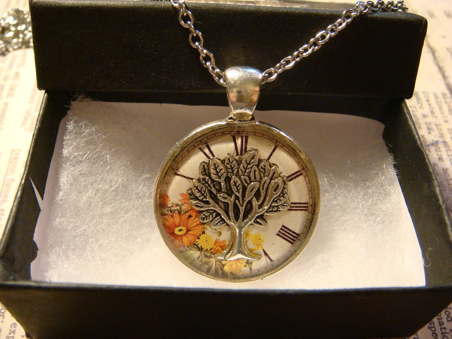 Tree of Life over Floral Clock Pendant Necklace