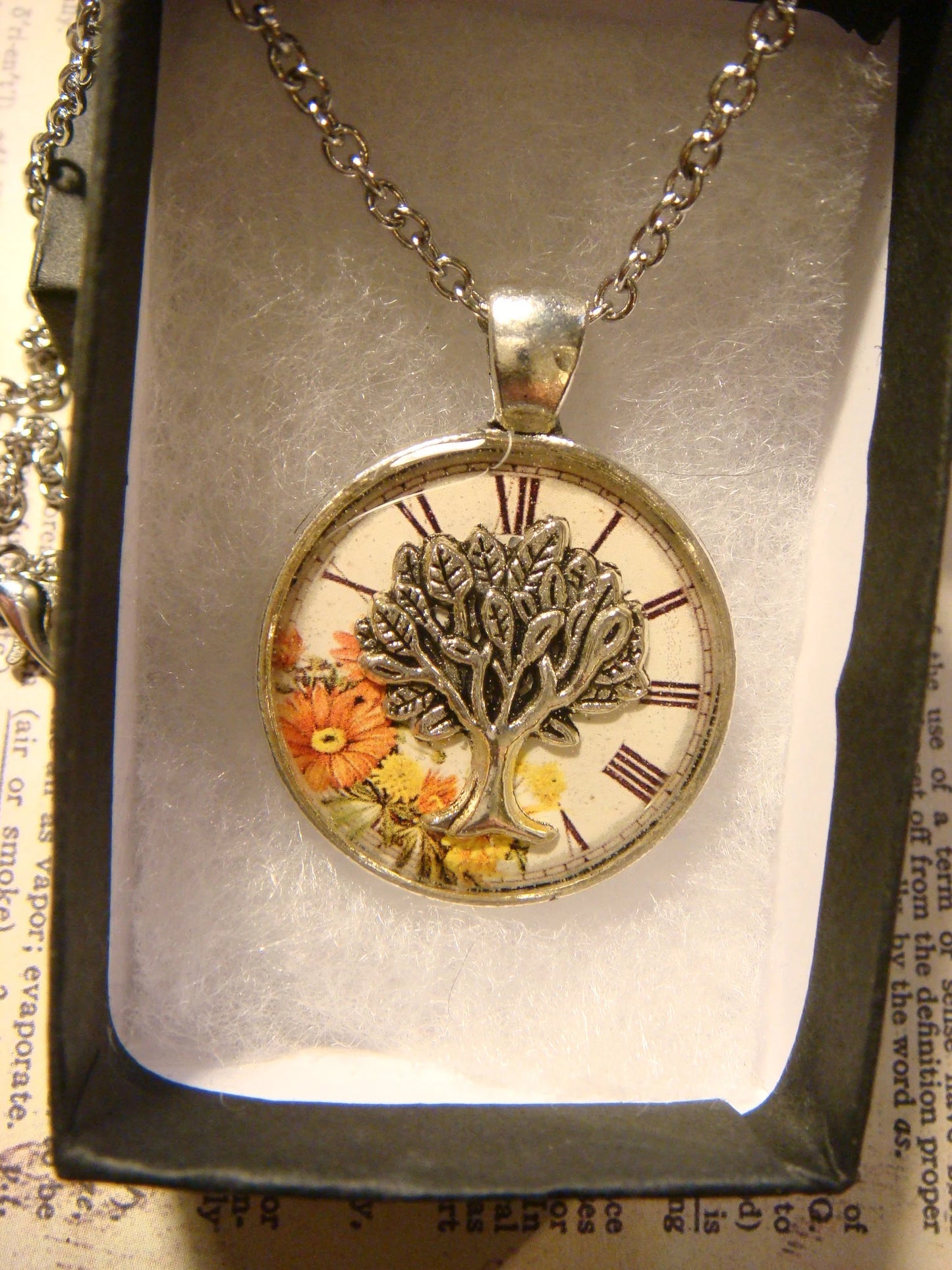 Tree of Life over Floral Clock Pendant Necklace