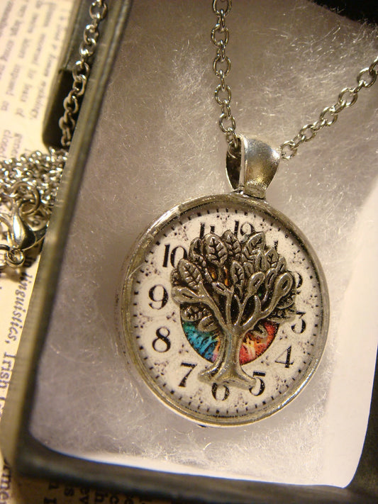 Tree of Life over Clock Pendant Necklace