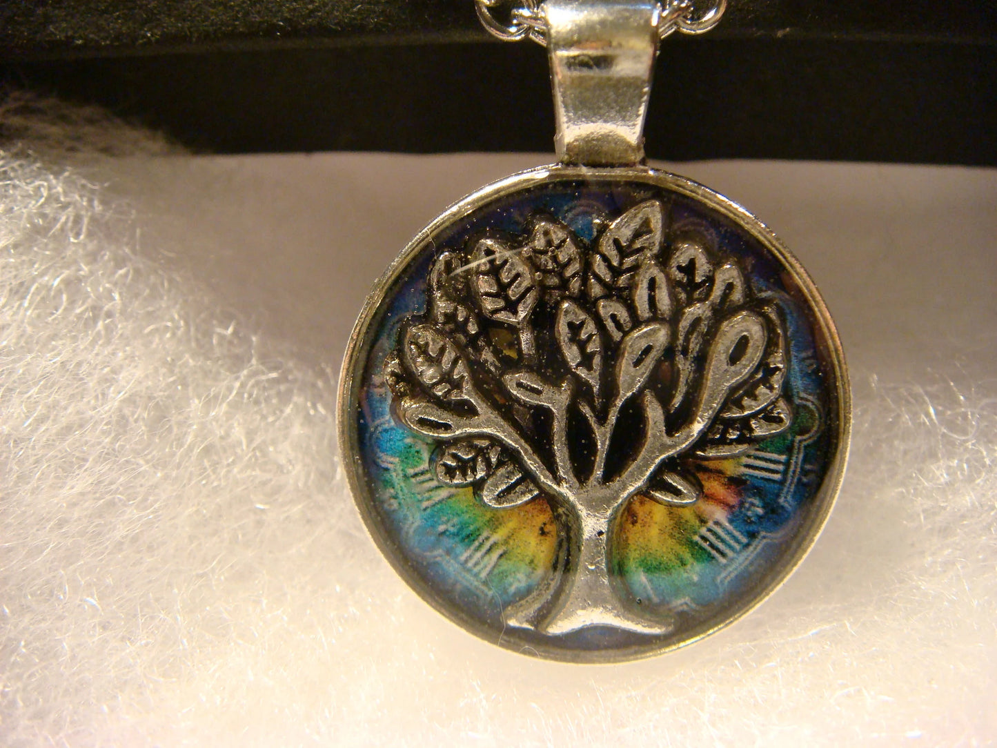 Tree of Life over Colorful Clock Small Pendant Necklace