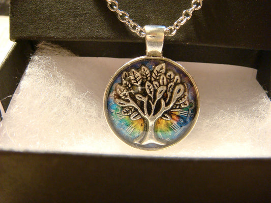 Tree of Life over Colorful Clock Small Pendant Necklace