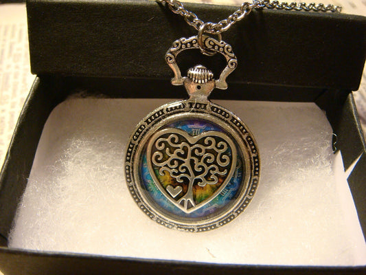 Tree Heart over Colorful Clock Pocket Watch Pendant Necklace