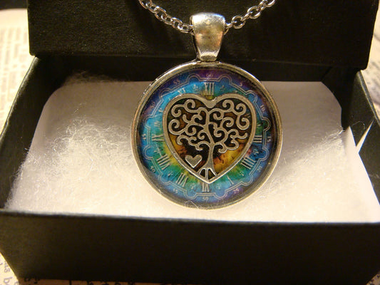 Tree Heart over Colorful Clock Pendant Necklace