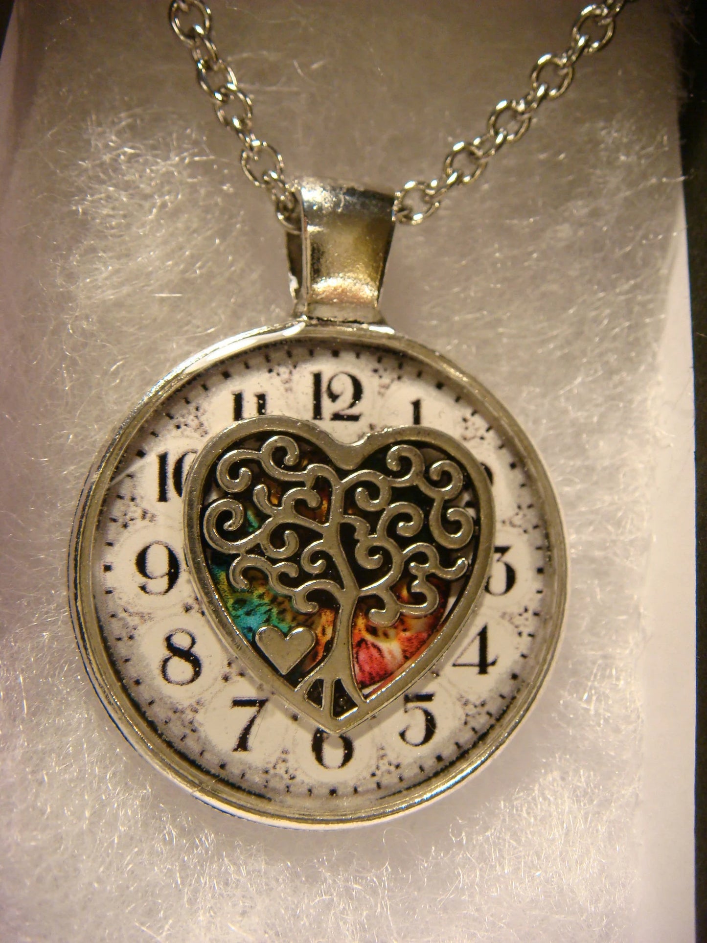 Tree Heart over Clock Pendant Necklace