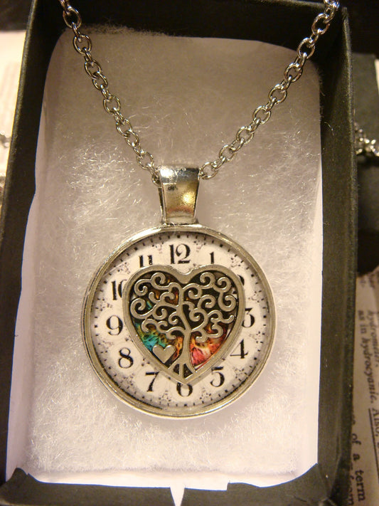 Tree Heart over Clock Pendant Necklace